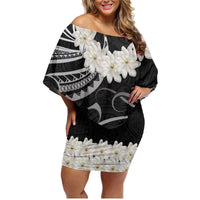 White Sunday Tokelau Gardenia Thunbergia Family Matching Off Shoulder Short Dress and Hawaiian Shirt Fakamalo Atu Kia Te Koutou Uma LT9 Mom's Dress Black - Polynesian Pride