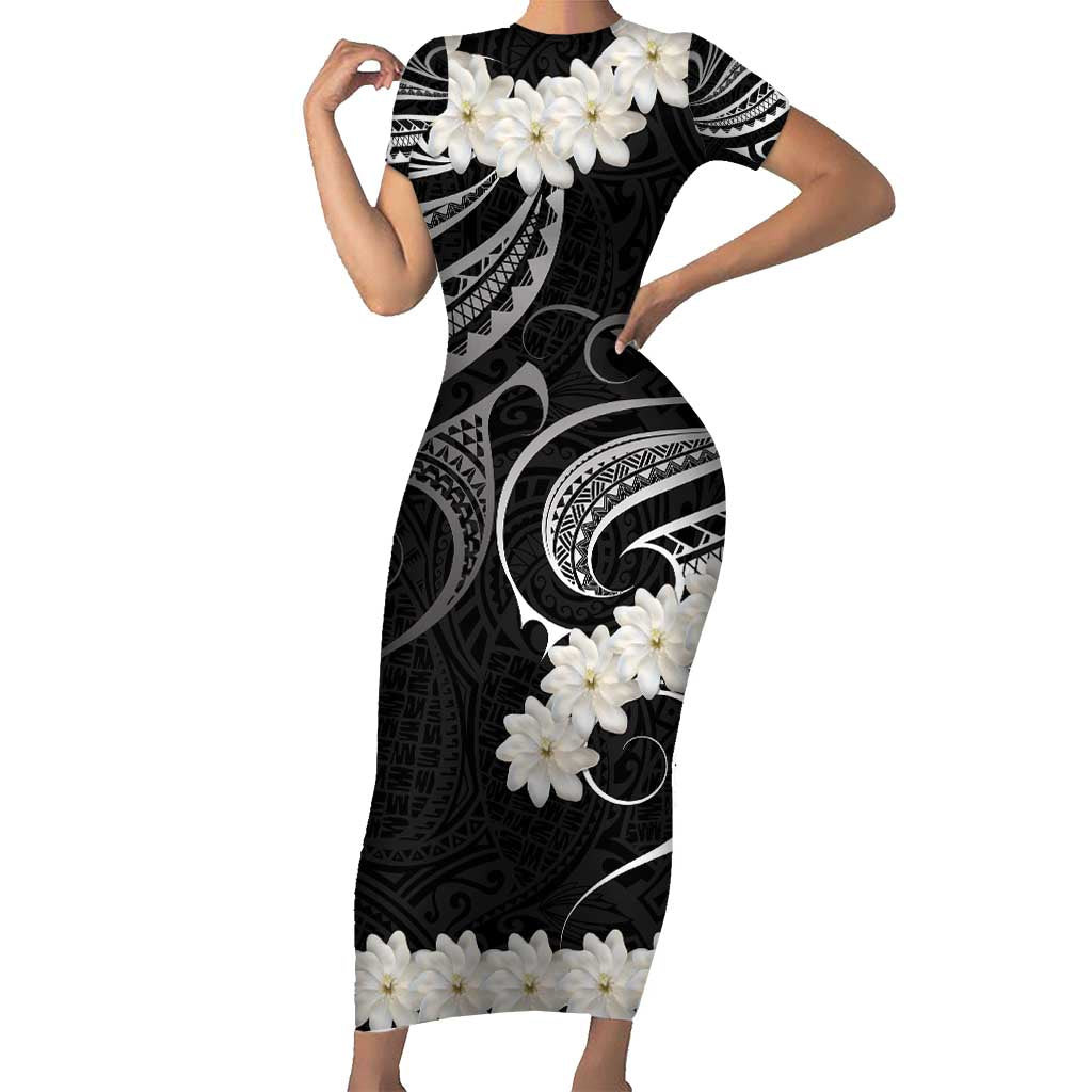 White Sunday Tokelau Gardenia Thunbergia Family Matching Short Sleeve Bodycon Dress and Hawaiian Shirt Fakamalo Atu Kia Te Koutou Uma LT9 Mom's Dress Black - Polynesian Pride
