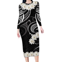 White Sunday Tokelau Gardenia Thunbergia Long Sleeve Bodycon Dress Fakamalo Atu Kia Te Koutou Uma LT9 Long Dress Black - Polynesian Pride