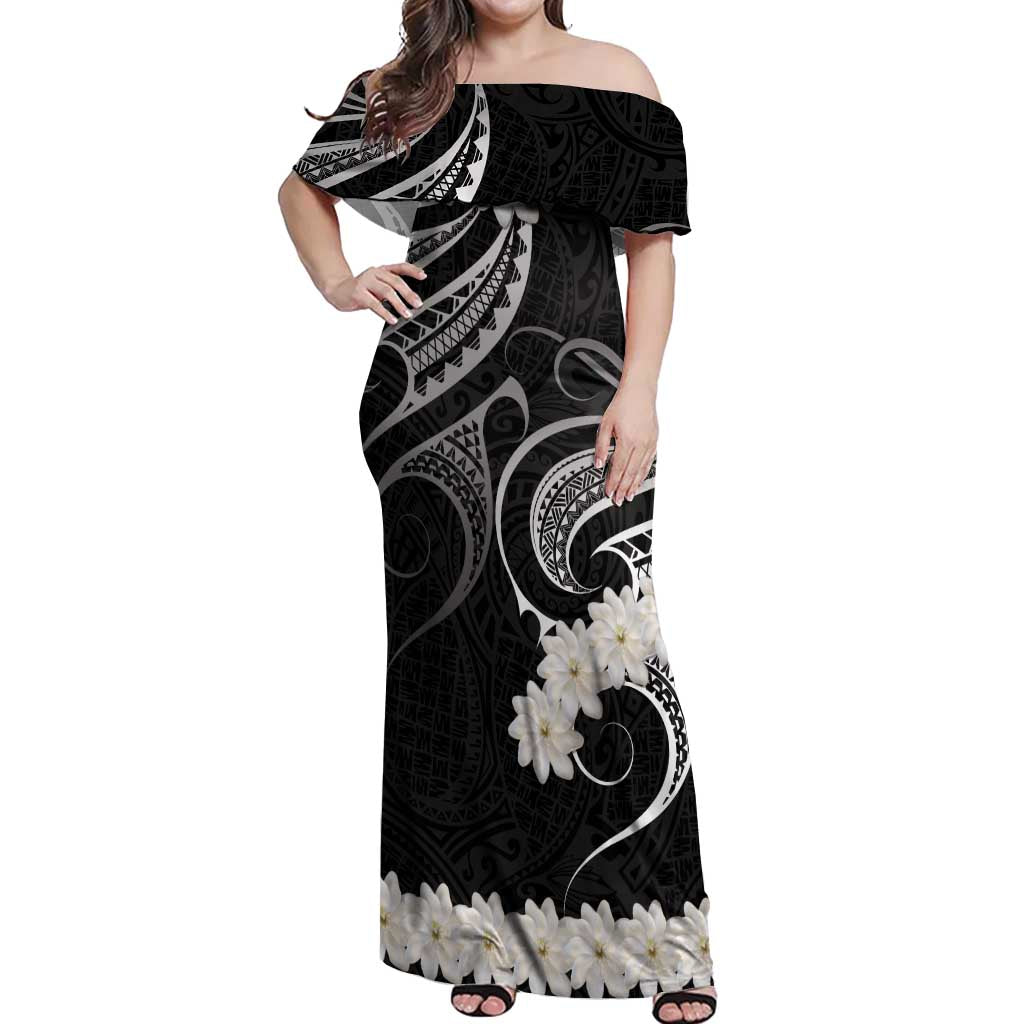 White Sunday Tokelau Gardenia Thunbergia Off Shoulder Maxi Dress Fakamalo Atu Kia Te Koutou Uma LT9 Women Black - Polynesian Pride