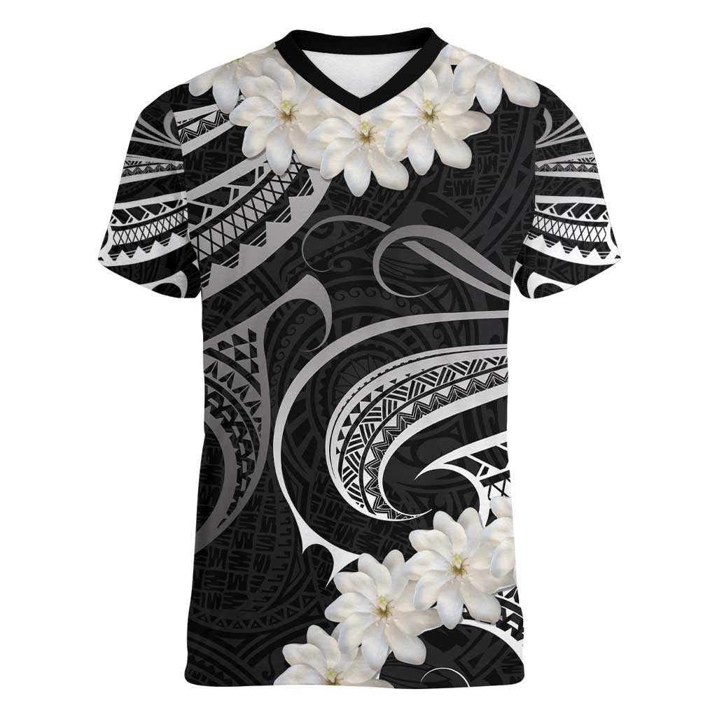White Sunday Tokelau Gardenia Thunbergia Women V-Neck T-Shirt Fakamalo Atu Kia Te Koutou Uma LT9 Female Black - Polynesian Pride