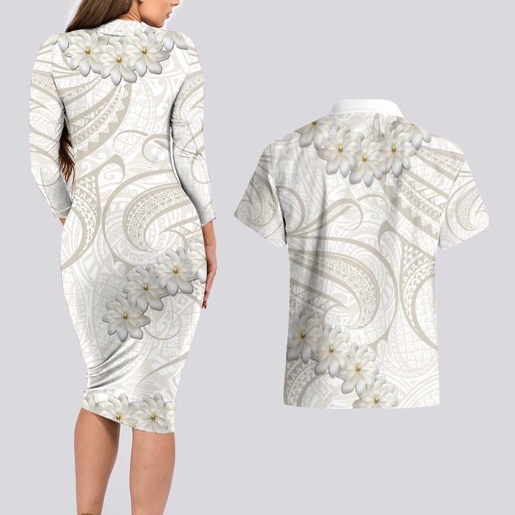 Tokelau Gardenia Thunbergia Couples Matching Long Sleeve Bodycon Dress and Hawaiian Shirt Polynesian Art Vibe LT9 - Polynesian Pride