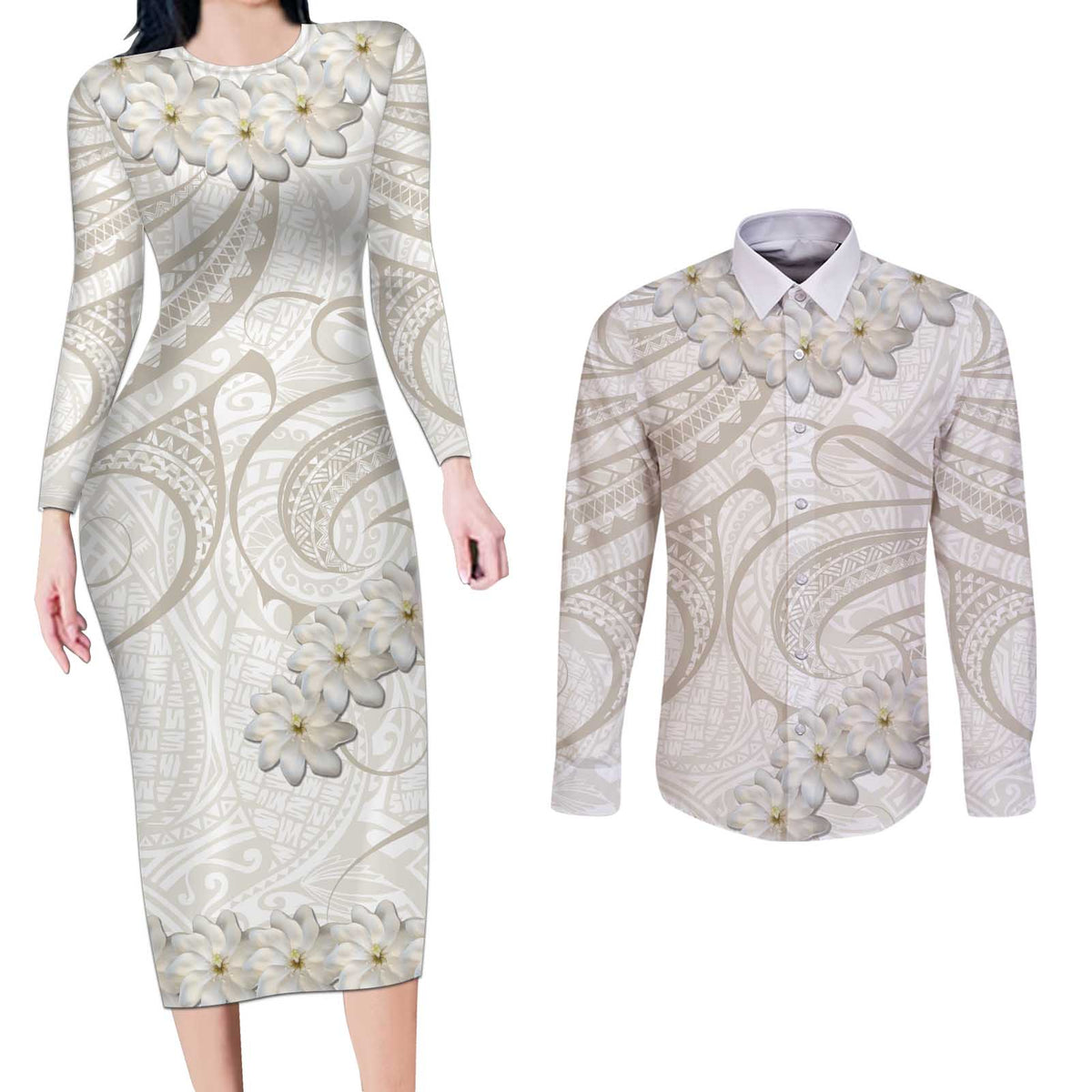 Tokelau Gardenia Thunbergia Couples Matching Long Sleeve Bodycon Dress and Long Sleeve Button Shirt Polynesian Art Vibe LT9 White - Polynesian Pride