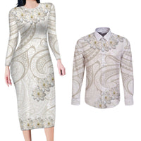 Tokelau Gardenia Thunbergia Couples Matching Long Sleeve Bodycon Dress and Long Sleeve Button Shirt Polynesian Art Vibe LT9 White - Polynesian Pride