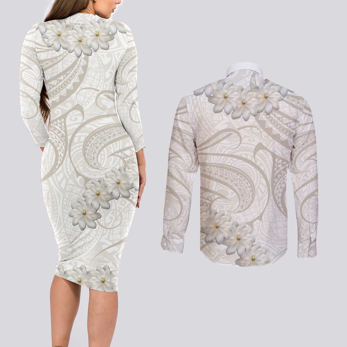Tokelau Gardenia Thunbergia Couples Matching Long Sleeve Bodycon Dress and Long Sleeve Button Shirt Polynesian Art Vibe LT9 - Polynesian Pride