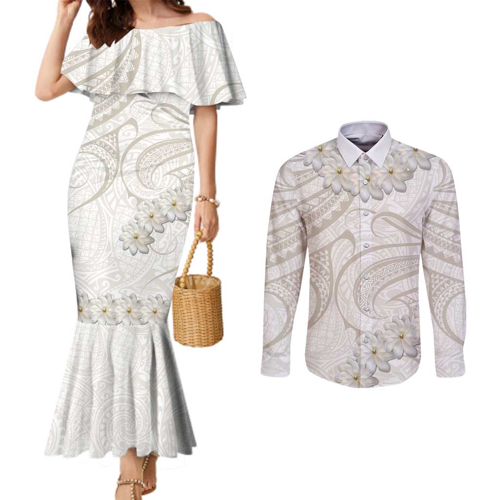 Tokelau Gardenia Thunbergia Couples Matching Mermaid Dress and Long Sleeve Button Shirt Polynesian Art Vibe LT9 White - Polynesian Pride