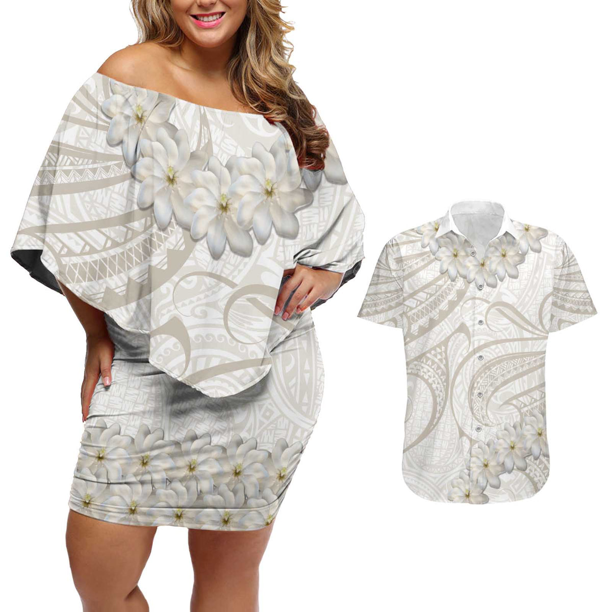 Tokelau Gardenia Thunbergia Couples Matching Off Shoulder Short Dress and Hawaiian Shirt Polynesian Art Vibe LT9 White - Polynesian Pride