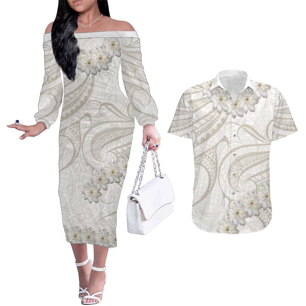 Tokelau Gardenia Thunbergia Couples Matching Off The Shoulder Long Sleeve Dress and Hawaiian Shirt Polynesian Art Vibe LT9 White - Polynesian Pride