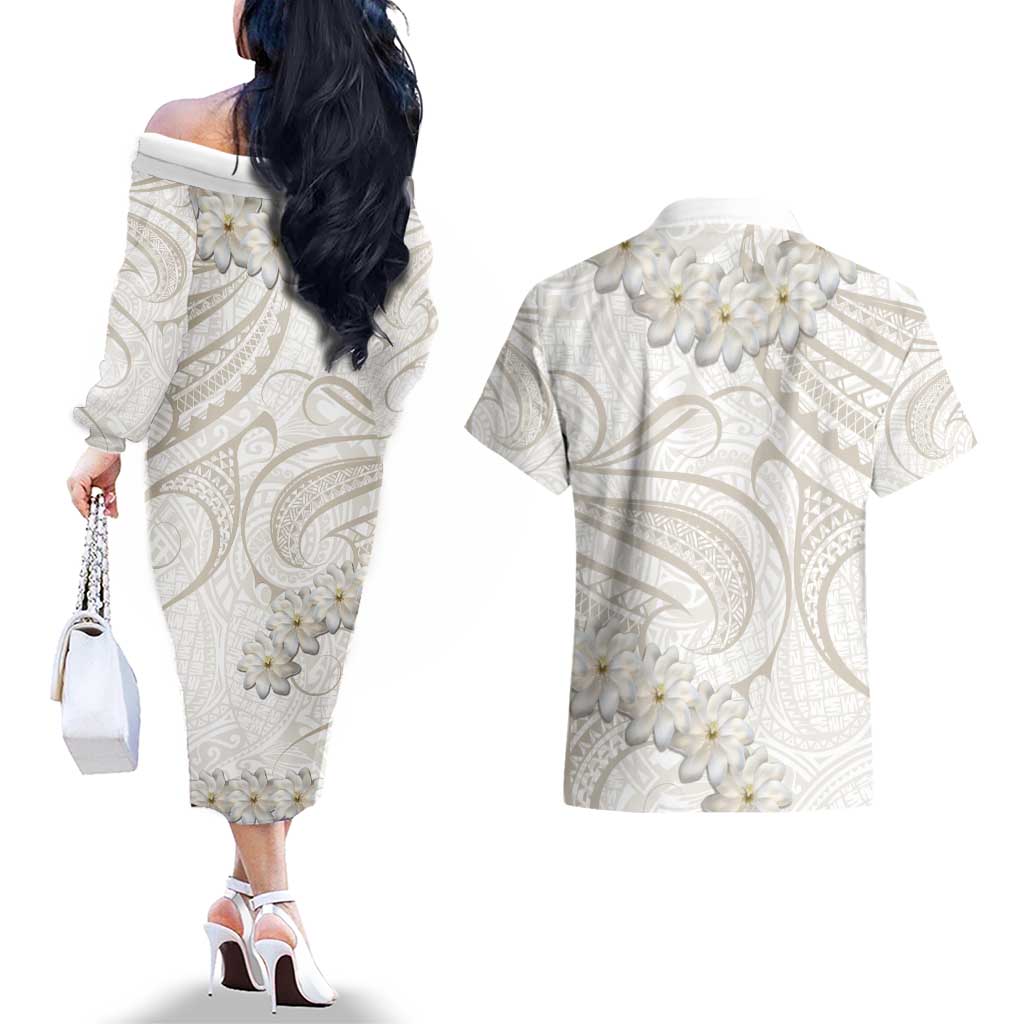 Tokelau Gardenia Thunbergia Couples Matching Off The Shoulder Long Sleeve Dress and Hawaiian Shirt Polynesian Art Vibe LT9 - Polynesian Pride