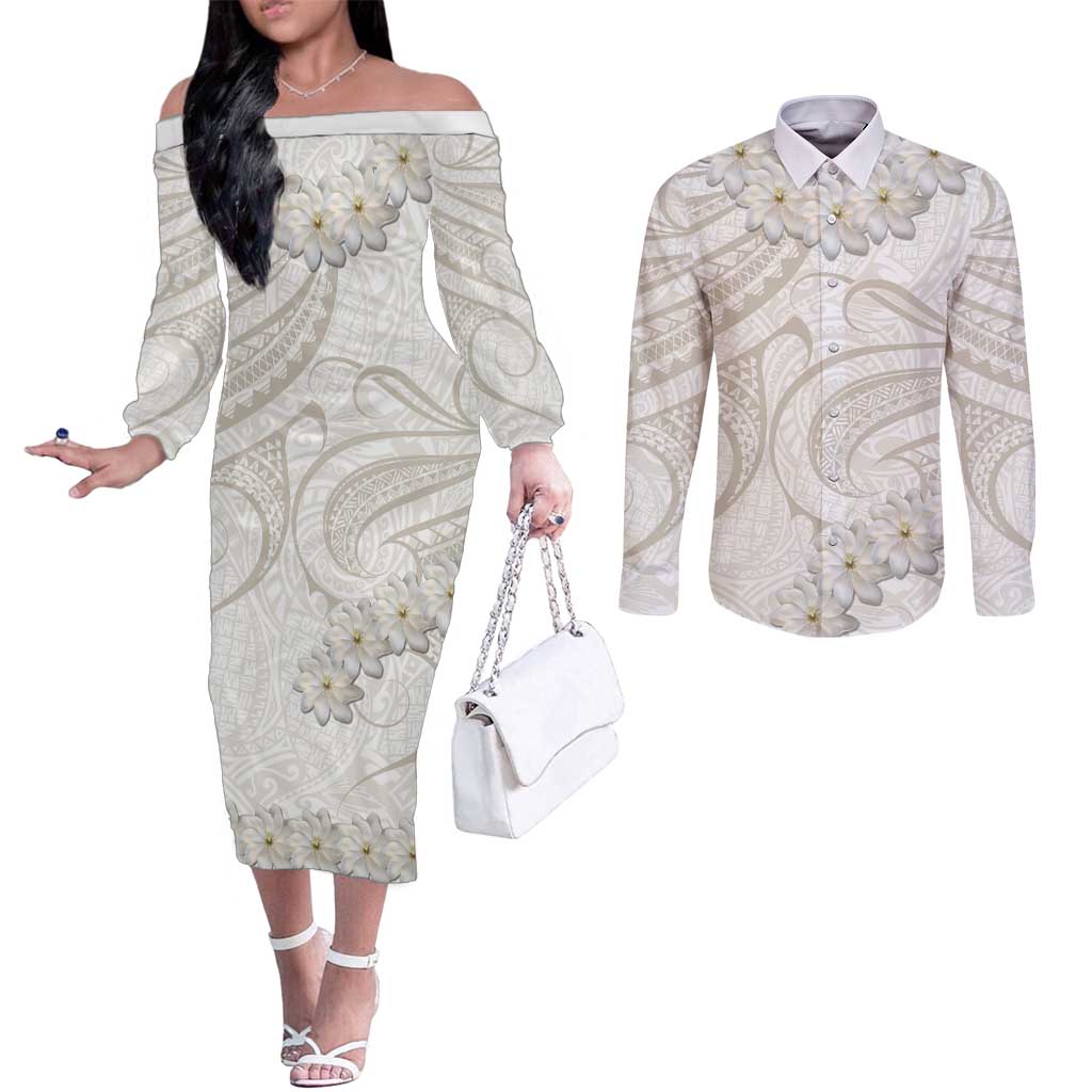 Tokelau Gardenia Thunbergia Couples Matching Off The Shoulder Long Sleeve Dress and Long Sleeve Button Shirt Polynesian Art Vibe LT9 White - Polynesian Pride