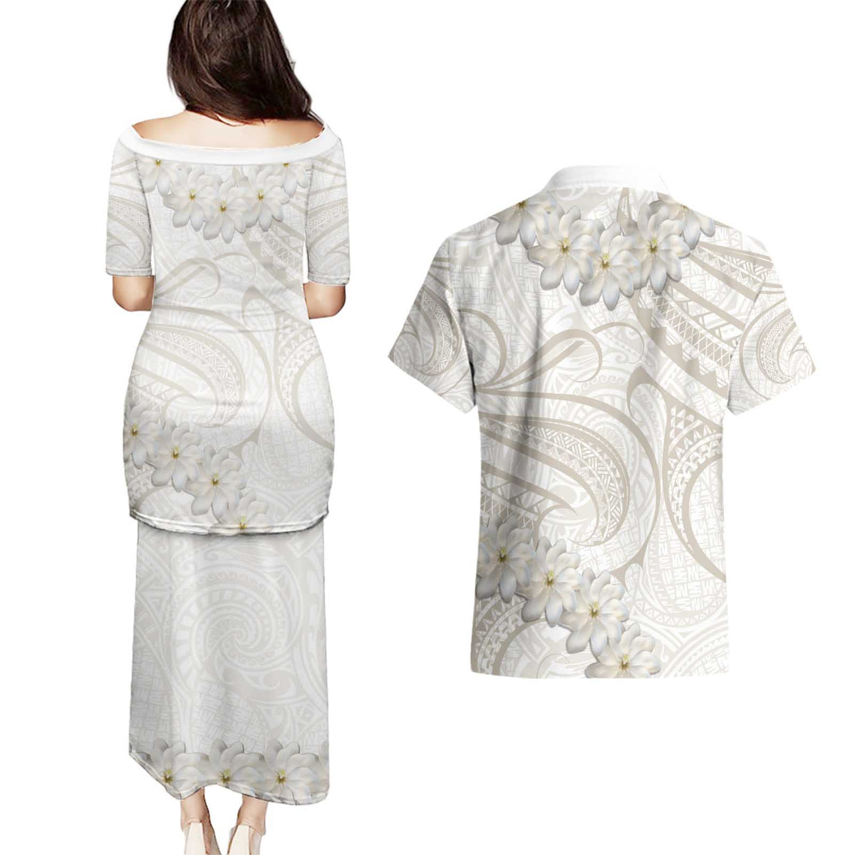 Tokelau Gardenia Thunbergia Couples Matching Puletasi and Hawaiian Shirt Black Polynesian Art Vibe