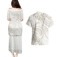 Tokelau Gardenia Thunbergia Couples Matching Puletasi and Hawaiian Shirt Black Polynesian Art Vibe