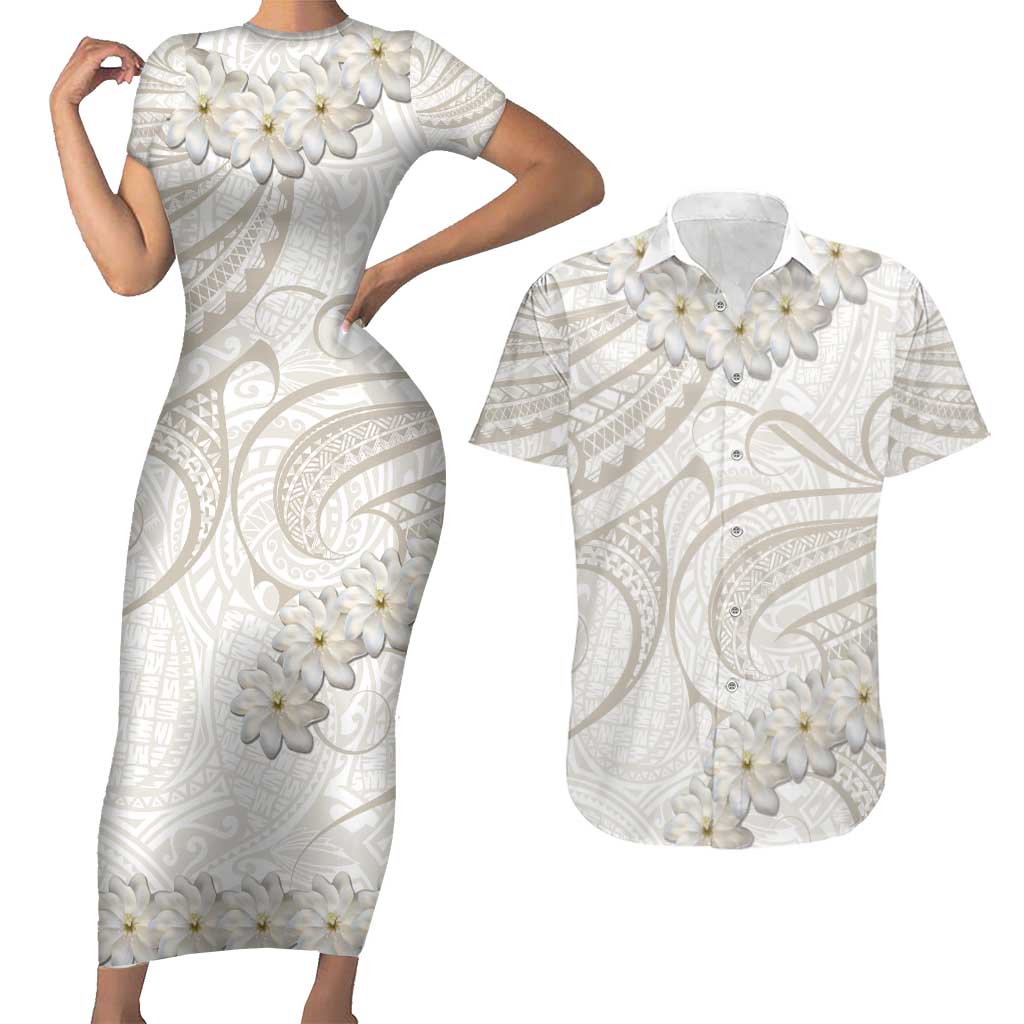 Tokelau Gardenia Thunbergia Couples Matching Short Sleeve Bodycon Dress and Hawaiian Shirt Polynesian Art Vibe LT9 White - Polynesian Pride