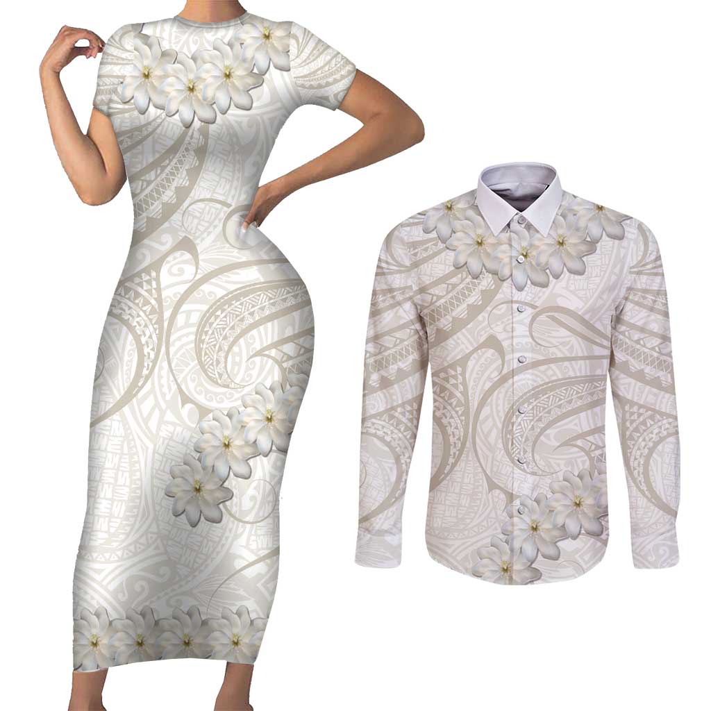 Tokelau Gardenia Thunbergia Couples Matching Short Sleeve Bodycon Dress and Long Sleeve Button Shirt Polynesian Art Vibe LT9 White - Polynesian Pride