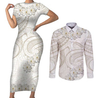 Tokelau Gardenia Thunbergia Couples Matching Short Sleeve Bodycon Dress and Long Sleeve Button Shirt Polynesian Art Vibe LT9 White - Polynesian Pride