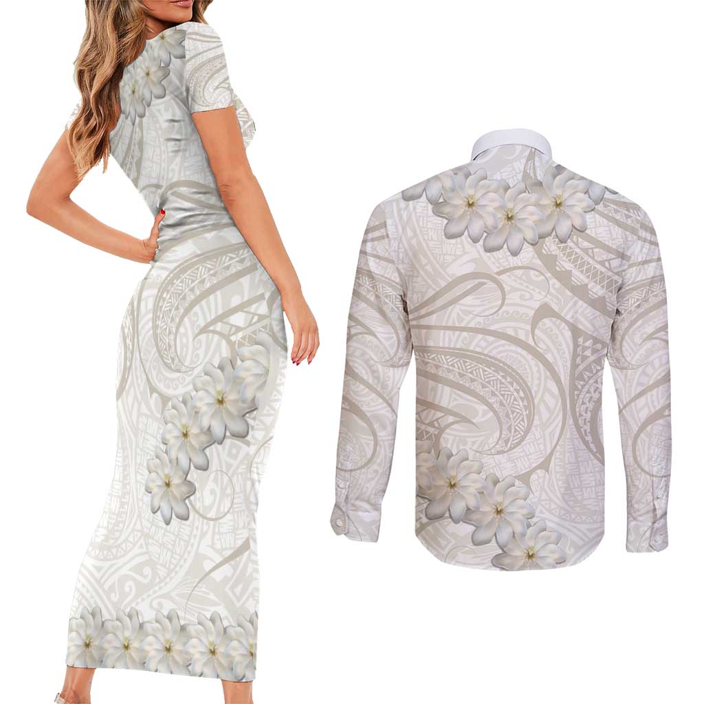 Tokelau Gardenia Thunbergia Couples Matching Short Sleeve Bodycon Dress and Long Sleeve Button Shirt Polynesian Art Vibe LT9 - Polynesian Pride