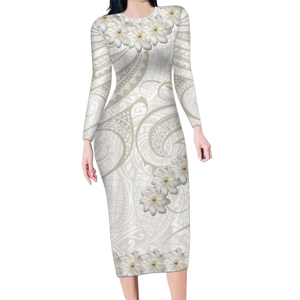 Tokelau Gardenia Thunbergia Family Matching Long Sleeve Bodycon Dress and Hawaiian Shirt Polynesian Art Vibe LT9 Mom's Dress White - Polynesian Pride