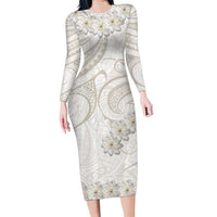 Tokelau Gardenia Thunbergia Family Matching Long Sleeve Bodycon Dress and Hawaiian Shirt Polynesian Art Vibe LT9 Mom's Dress White - Polynesian Pride