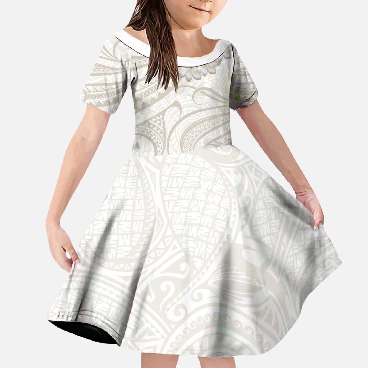 Tokelau Gardenia Thunbergia Family Matching Off The Shoulder Long Sleeve Dress and Hawaiian Shirt Polynesian Art Vibe LT9 Daughter's Dress White - Polynesian Pride