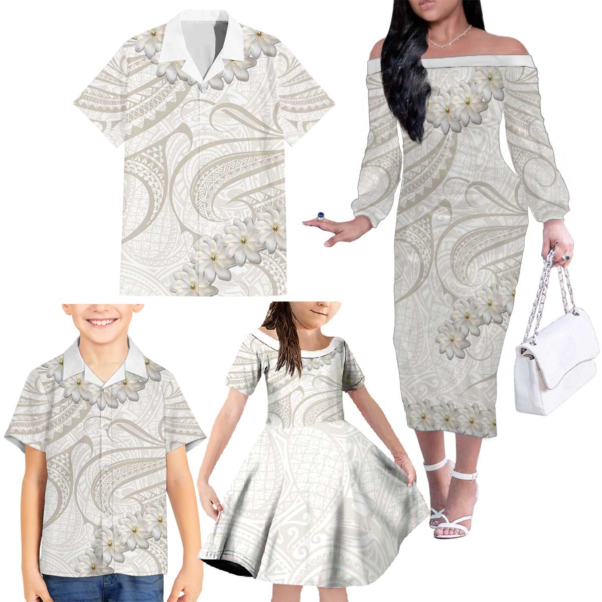 Tokelau Gardenia Thunbergia Family Matching Off The Shoulder Long Sleeve Dress and Hawaiian Shirt Polynesian Art Vibe LT9 - Polynesian Pride