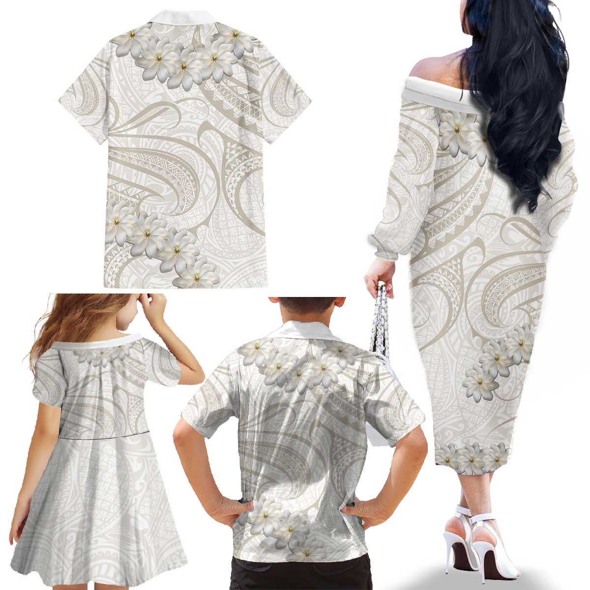 Tokelau Gardenia Thunbergia Family Matching Off The Shoulder Long Sleeve Dress and Hawaiian Shirt Polynesian Art Vibe LT9 - Polynesian Pride