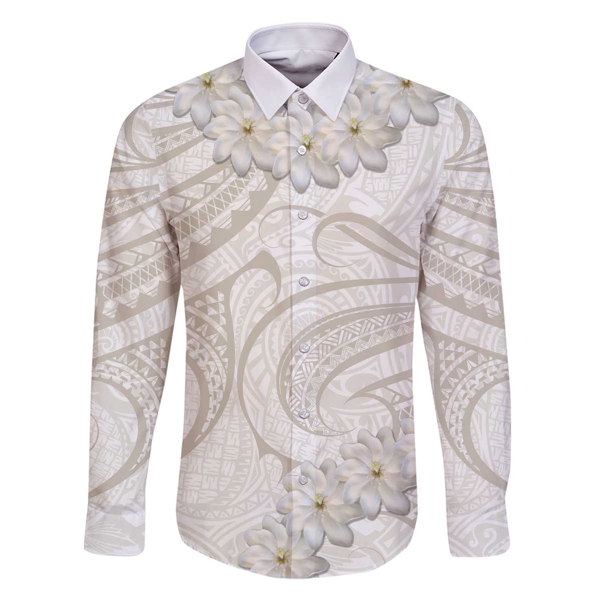Tokelau Gardenia Thunbergia Family Matching Off The Shoulder Long Sleeve Dress and Hawaiian Shirt Polynesian Art Vibe LT9 Dad's Shirt - Long Sleeve White - Polynesian Pride