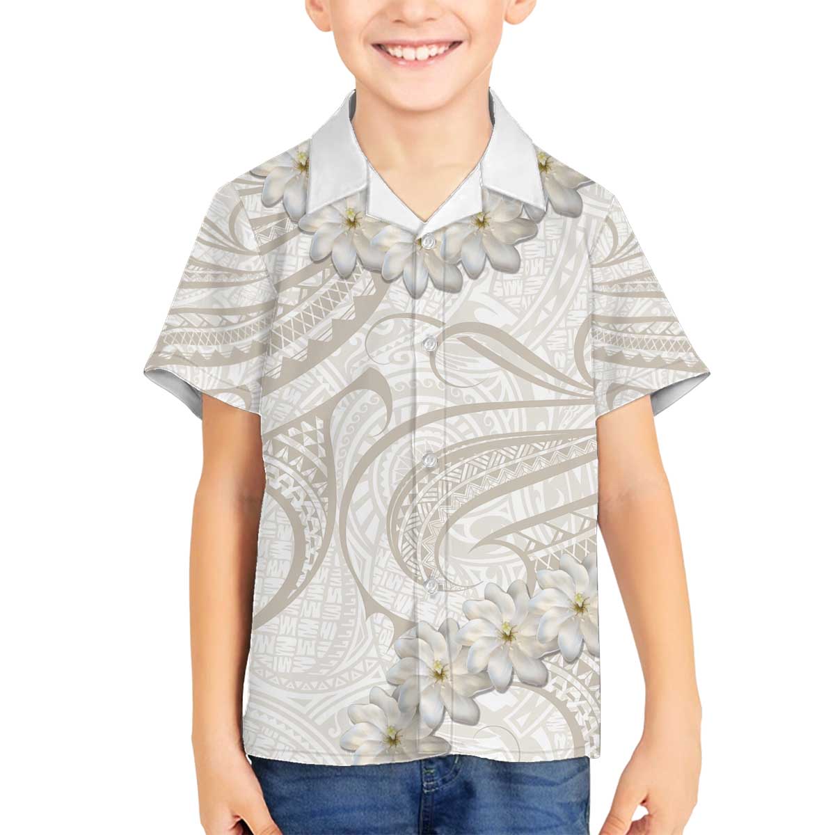 Tokelau Gardenia Thunbergia Family Matching Off The Shoulder Long Sleeve Dress and Hawaiian Shirt Polynesian Art Vibe LT9 Son's Shirt White - Polynesian Pride