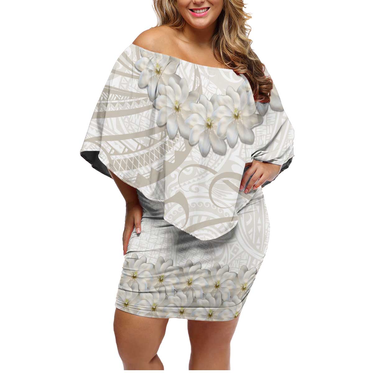 Tokelau Gardenia Thunbergia Family Matching Off Shoulder Short Dress and Hawaiian Shirt Polynesian Art Vibe LT9 Mom's Dress White - Polynesian Pride