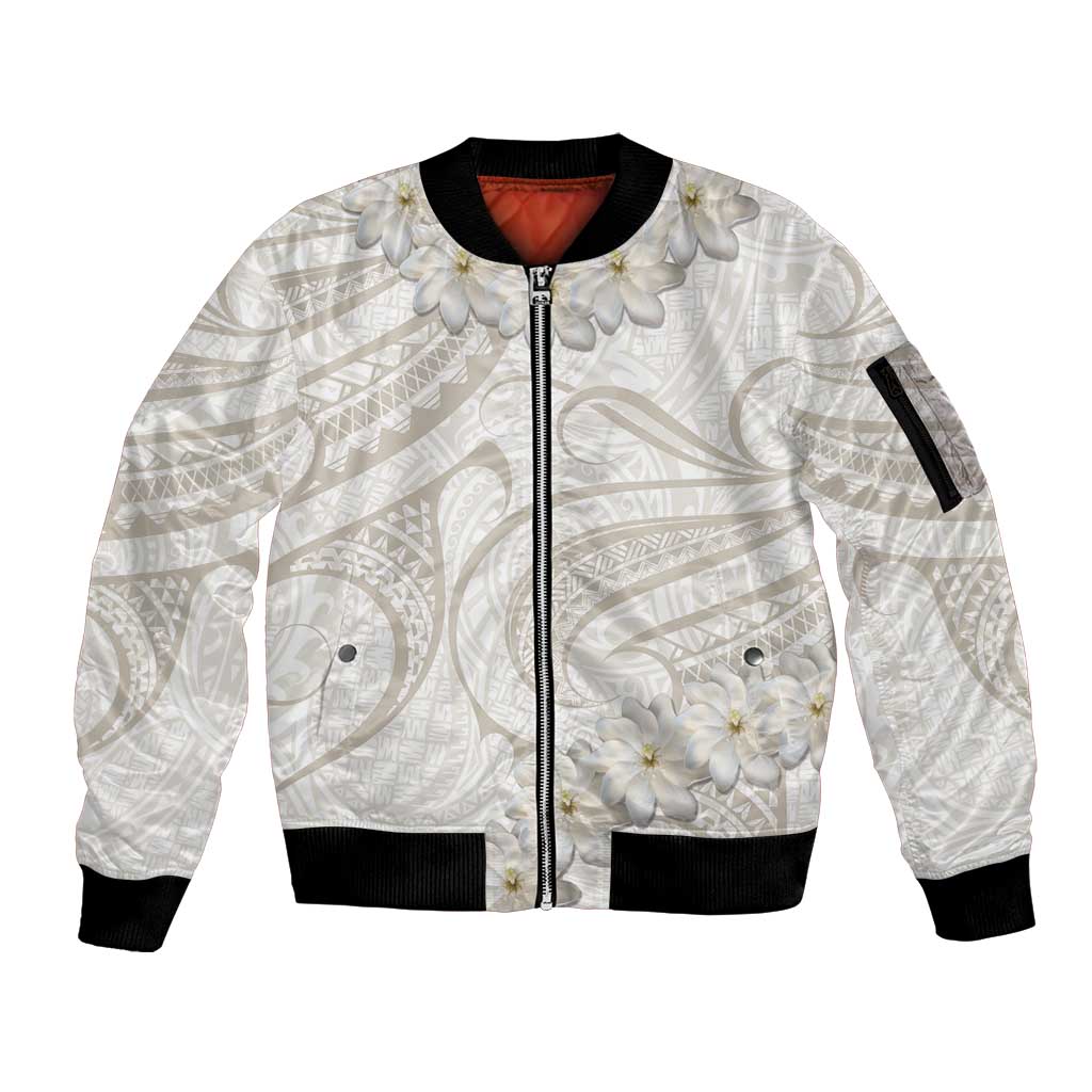 Tokelau Gardenia Thunbergia Sleeve Zip Bomber Jacket Polynesian Art Vibe LT9 Unisex White - Polynesian Pride