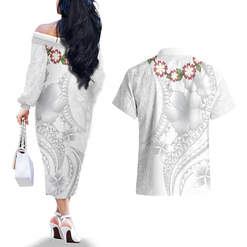 Manuia le Aso Sa o Tamaiti Tonga Couples Matching Off The Shoulder Long Sleeve Dress and Hawaiian Shirt White Sunday Heilala Lei LT9 - Polynesian Pride