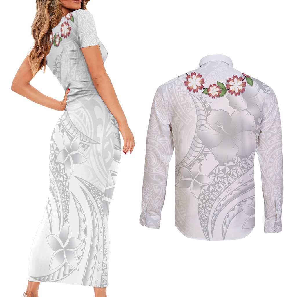 Manuia le Aso Sa o Tamaiti Tonga Couples Matching Short Sleeve Bodycon Dress and Long Sleeve Button Shirt White Sunday Heilala Lei LT9 - Polynesian Pride