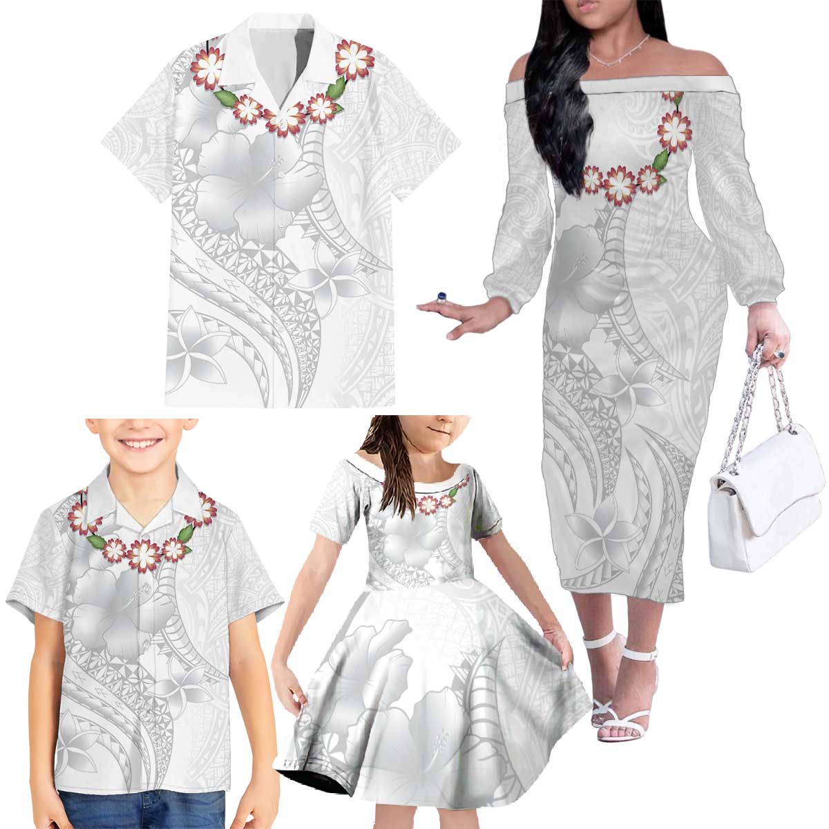 Manuia le Aso Sa o Tamaiti Tonga Family Matching Off The Shoulder Long Sleeve Dress and Hawaiian Shirt White Sunday Heilala Lei LT9 - Polynesian Pride