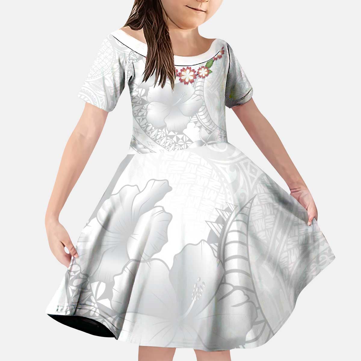 Manuia le Aso Sa o Tamaiti Tonga Family Matching Puletasi and Hawaiian Shirt White Sunday Heilala Lei LT9 Daughter's Dress White - Polynesian Pride