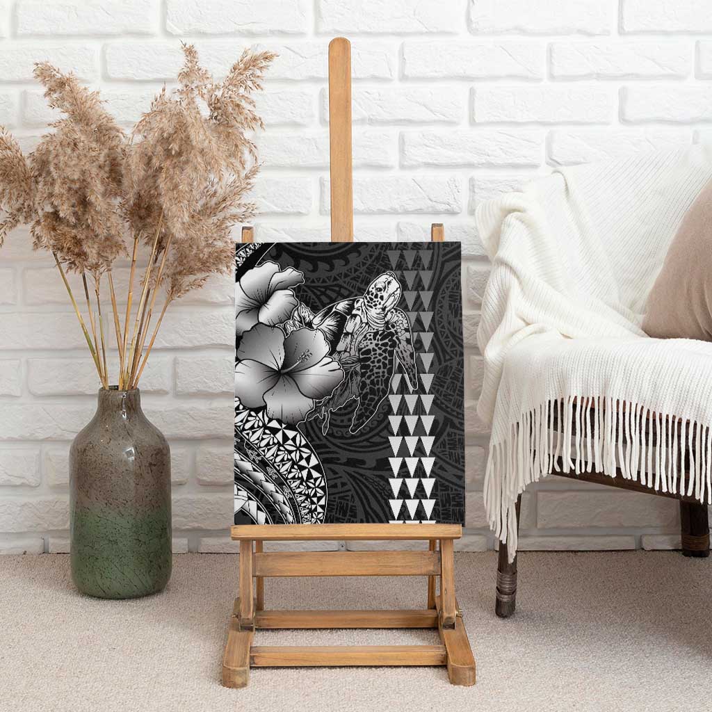 Hawaiian Sea Turtle Canvas Wall Art Black Hibiscus Flowers and Kakau Pattern