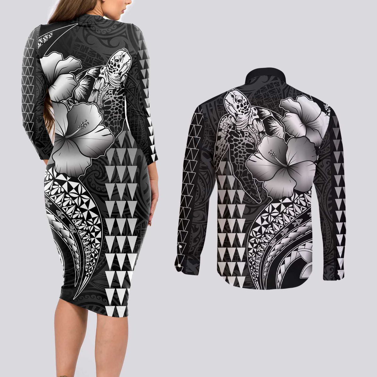Hawaiian Sea Turtle Couples Matching Long Sleeve Bodycon Dress and Long Sleeve Button Shirt Black Hibiscus Flowers and Kakau Pattern