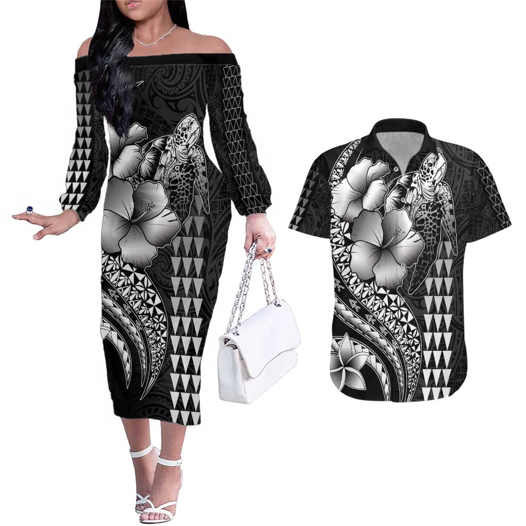 Hawaiian Sea Turtle Couples Matching Off The Shoulder Long Sleeve Dress and Hawaiian Shirt Black Hibiscus Flowers and Kakau Pattern LT9 Black - Polynesian Pride