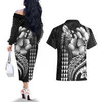 Hawaiian Sea Turtle Couples Matching Off The Shoulder Long Sleeve Dress and Hawaiian Shirt Black Hibiscus Flowers and Kakau Pattern LT9 - Polynesian Pride
