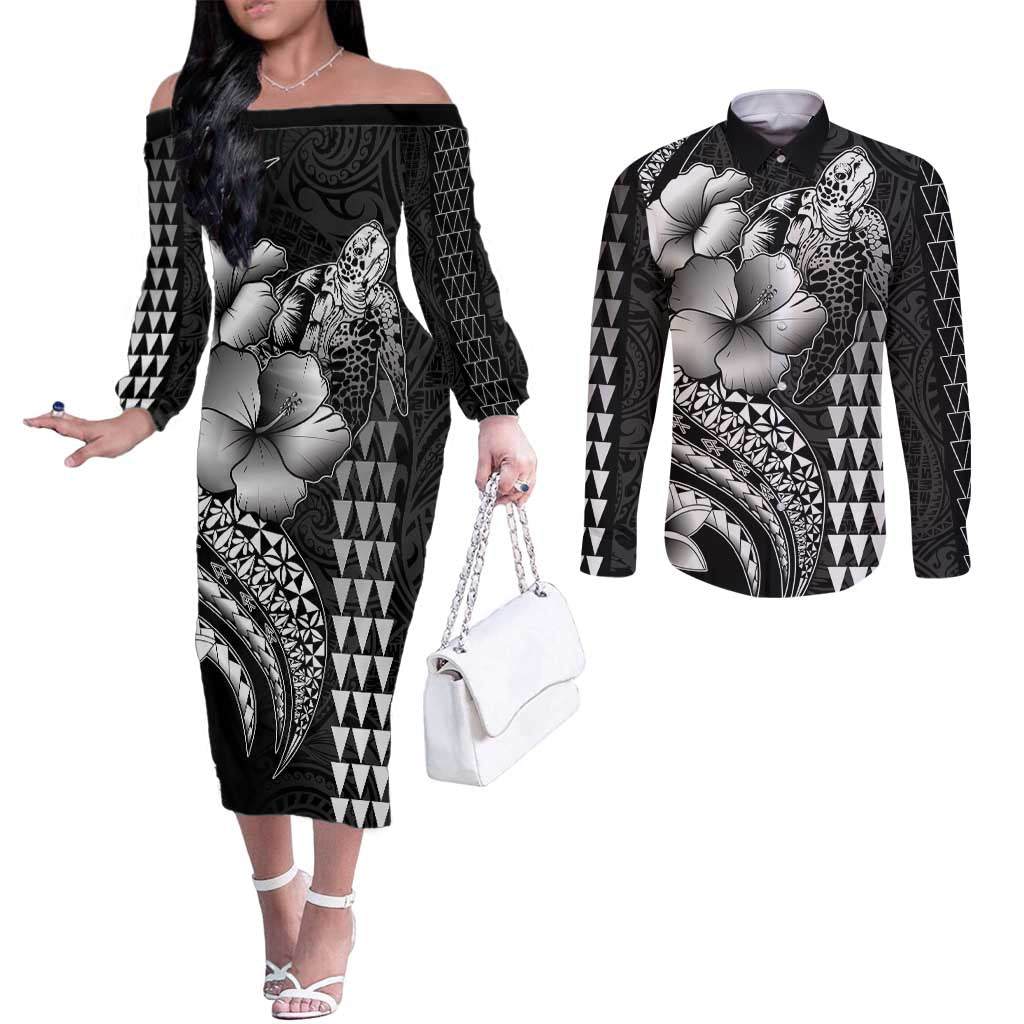 Hawaiian Sea Turtle Couples Matching Off The Shoulder Long Sleeve Dress and Long Sleeve Button Shirt Black Hibiscus Flowers and Kakau Pattern