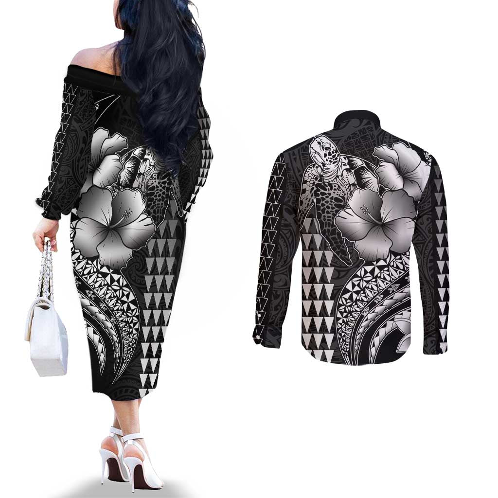 Hawaiian Sea Turtle Couples Matching Off The Shoulder Long Sleeve Dress and Long Sleeve Button Shirt Black Hibiscus Flowers and Kakau Pattern