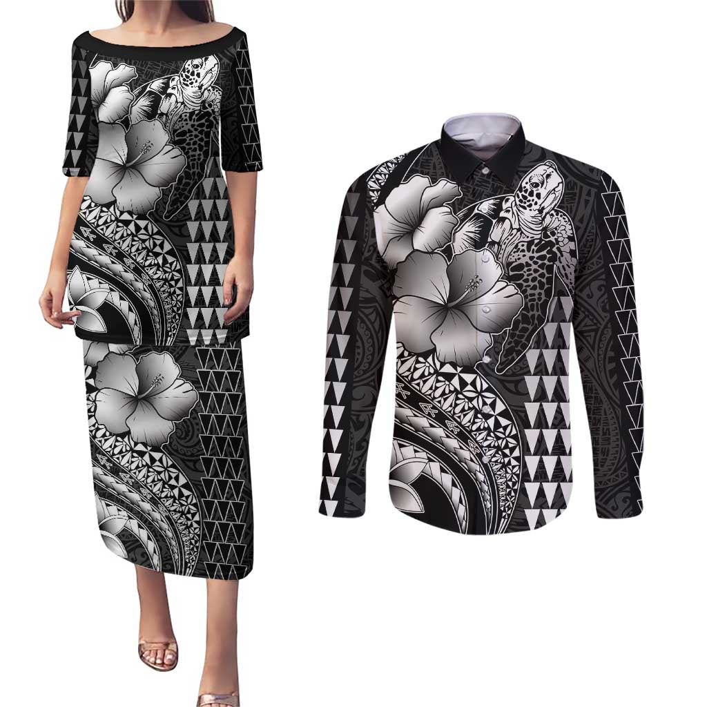 Hawaiian Sea Turtle Couples Matching Puletasi and Long Sleeve Button Shirt Black Hibiscus Flowers and Kakau Pattern
