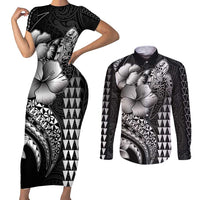 Hawaiian Sea Turtle Couples Matching Short Sleeve Bodycon Dress and Long Sleeve Button Shirt Black Hibiscus Flowers and Kakau Pattern