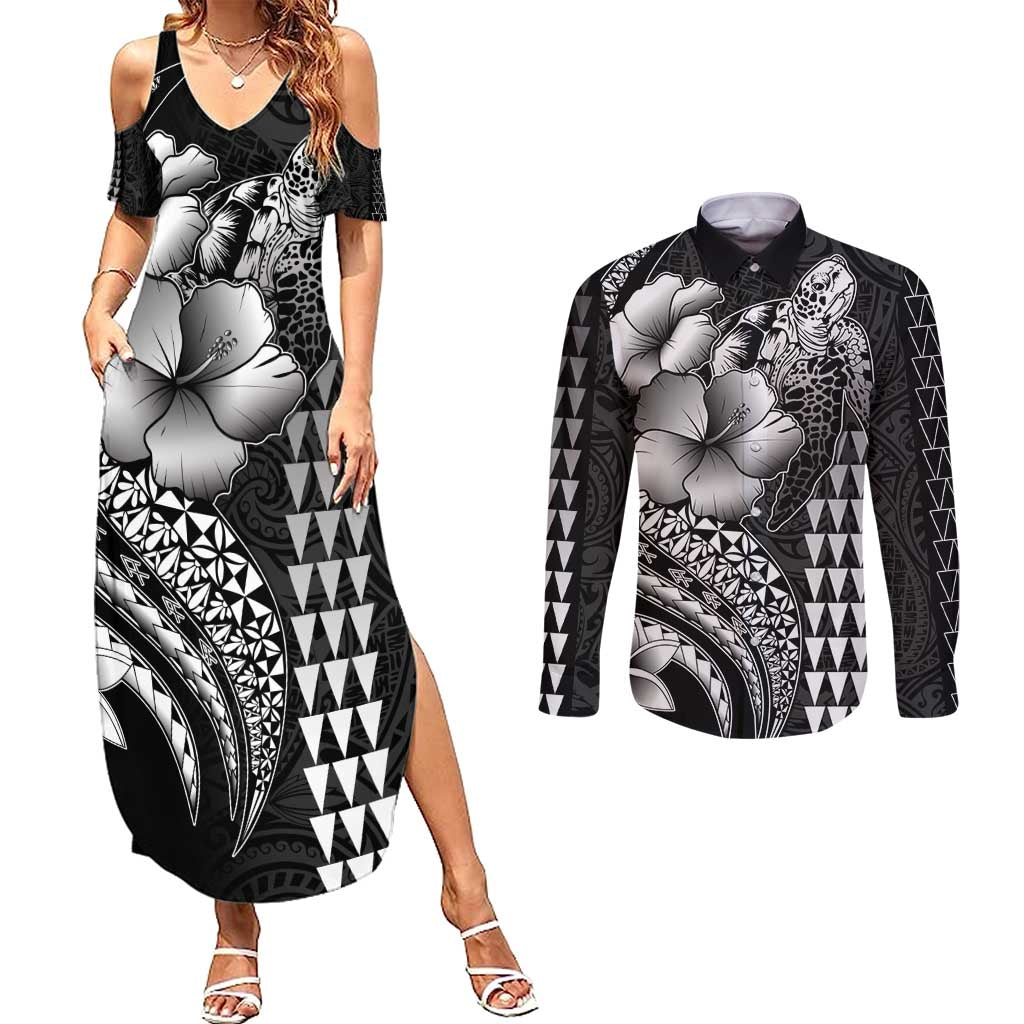 Hawaiian Sea Turtle Couples Matching Summer Maxi Dress and Long Sleeve Button Shirt Black Hibiscus Flowers and Kakau Pattern