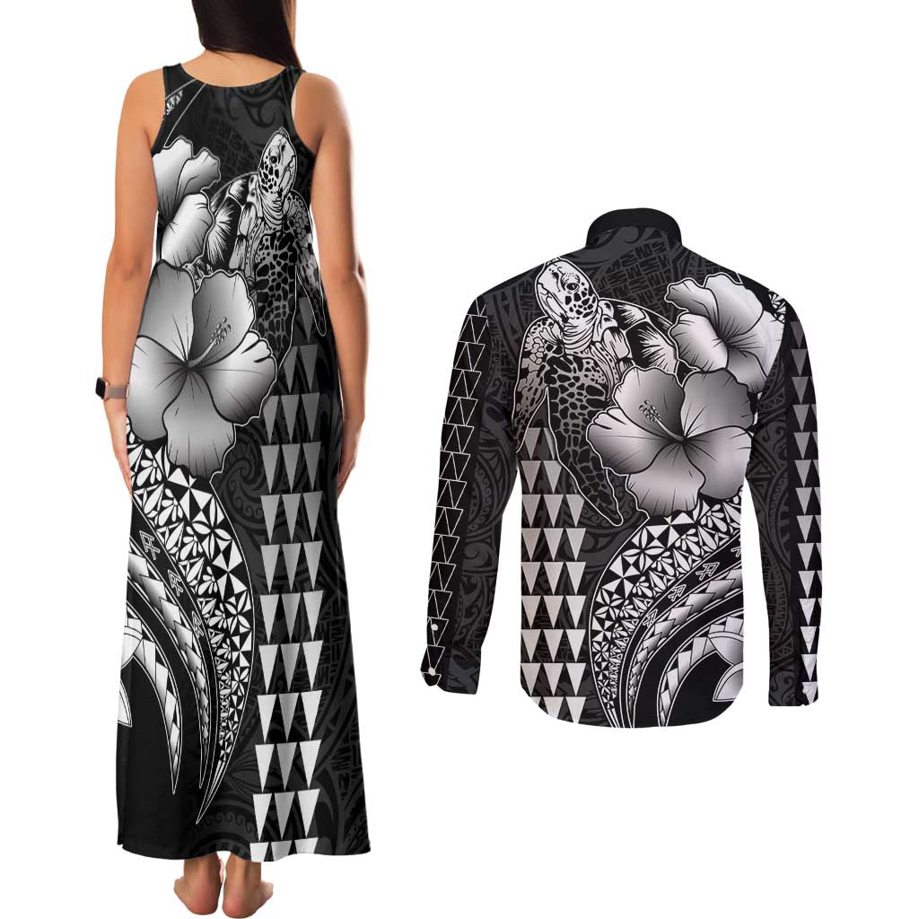 Hawaiian Sea Turtle Couples Matching Tank Maxi Dress and Long Sleeve Button Shirt Black Hibiscus Flowers and Kakau Pattern