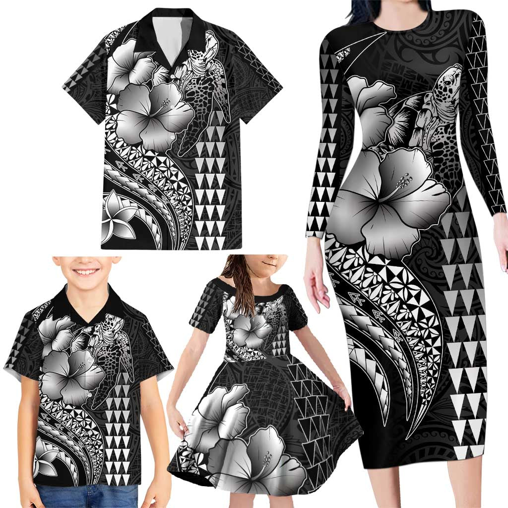 Hawaiian Sea Turtle Family Matching Long Sleeve Bodycon Dress and Hawaiian Shirt Black Hibiscus Flowers and Kakau Pattern LT9 - Polynesian Pride