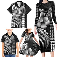 Hawaiian Sea Turtle Family Matching Long Sleeve Bodycon Dress and Hawaiian Shirt Black Hibiscus Flowers and Kakau Pattern LT9 - Polynesian Pride