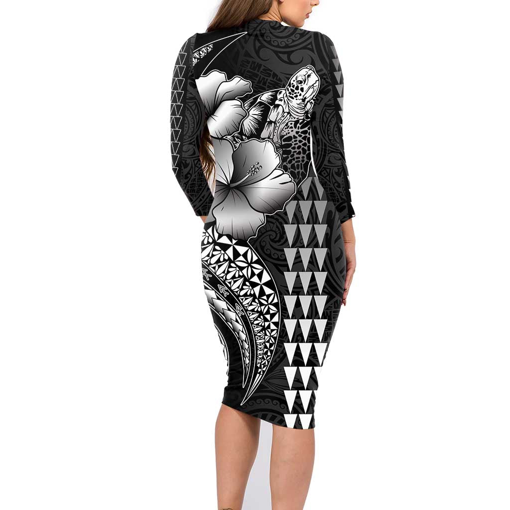 Hawaiian Sea Turtle Family Matching Long Sleeve Bodycon Dress and Hawaiian Shirt Black Hibiscus Flowers and Kakau Pattern LT9 - Polynesian Pride