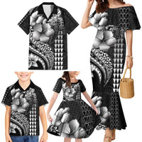 Hawaiian Sea Turtle Family Matching Mermaid Dress and Hawaiian Shirt Black Hibiscus Flowers and Kakau Pattern LT9 - Polynesian Pride