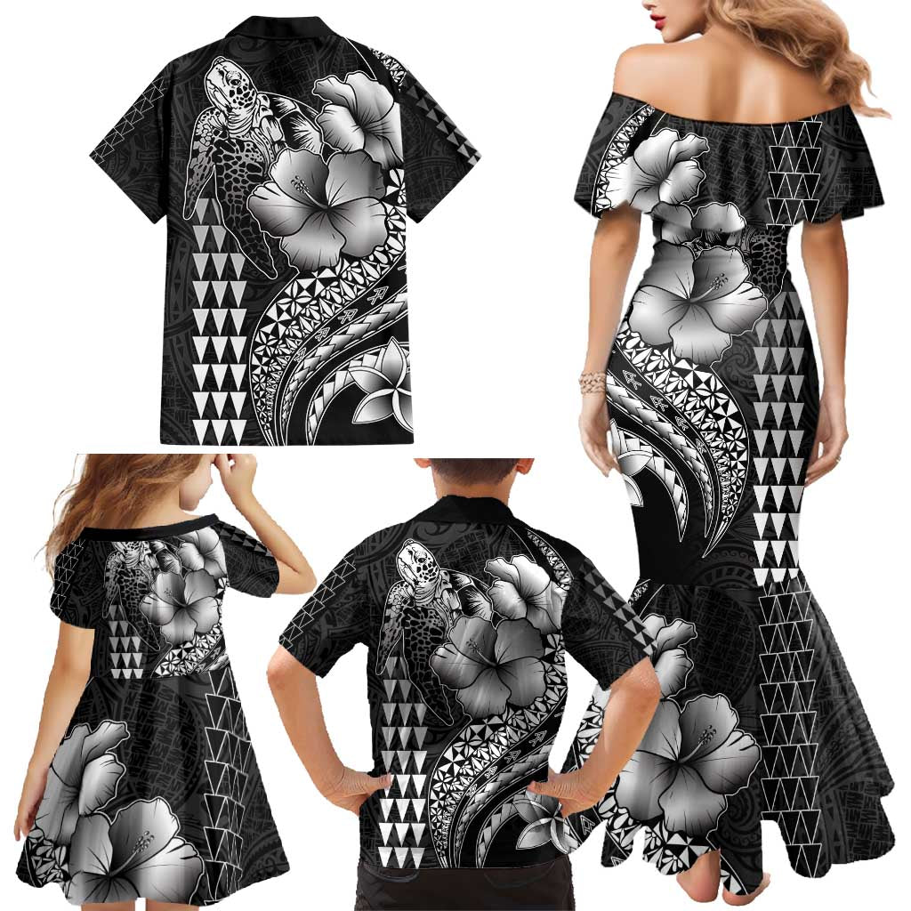 Hawaiian Sea Turtle Family Matching Mermaid Dress and Hawaiian Shirt Black Hibiscus Flowers and Kakau Pattern LT9 - Polynesian Pride