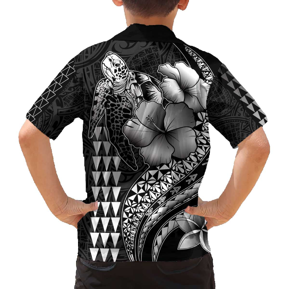 Hawaiian Sea Turtle Family Matching Off The Shoulder Long Sleeve Dress and Hawaiian Shirt Black Hibiscus Flowers and Kakau Pattern LT9 - Polynesian Pride