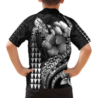 Hawaiian Sea Turtle Family Matching Off The Shoulder Long Sleeve Dress and Hawaiian Shirt Black Hibiscus Flowers and Kakau Pattern LT9 - Polynesian Pride